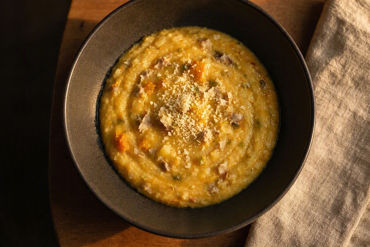 Branzino disfatto, patata e zucca – branzino dell'Adriatico cotto a lungo con purea di patata zucca e zucchina, Hamai Modena
