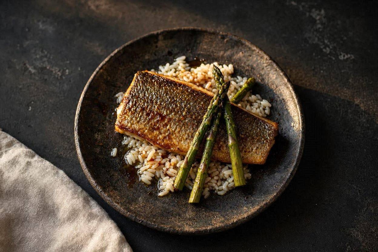 Branzino dell'Adriatico su riso di Jesolo con asparagi selvatici, Hamai Modena