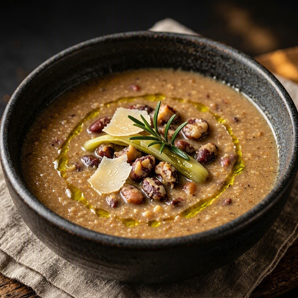 Castagne, borlotti e porro brasato – zuppa densa di castagne dell'Appennino e borlotti di nuovo raccolto, Hamai Modena