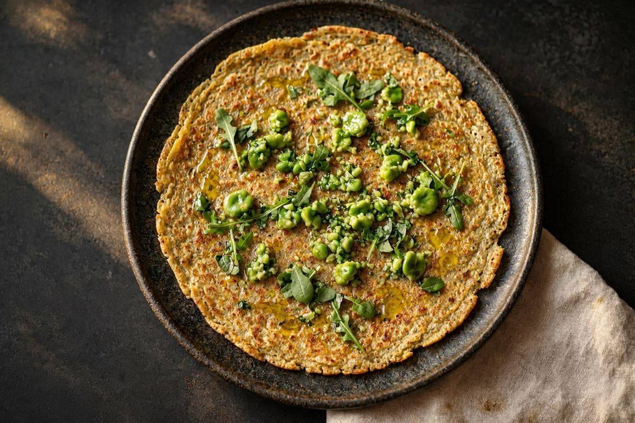 Farinata di Primavera – crespella di ceci macinati a pietra con fave e rucola selvatica, Hamai Modena