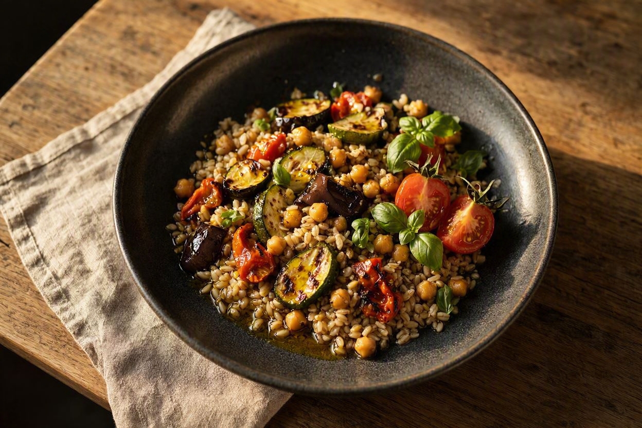 Farro di Garfagnana e orto grigliato – farro con ceci, zucchina melanzana e peperone alla griglia, Hamai Modena