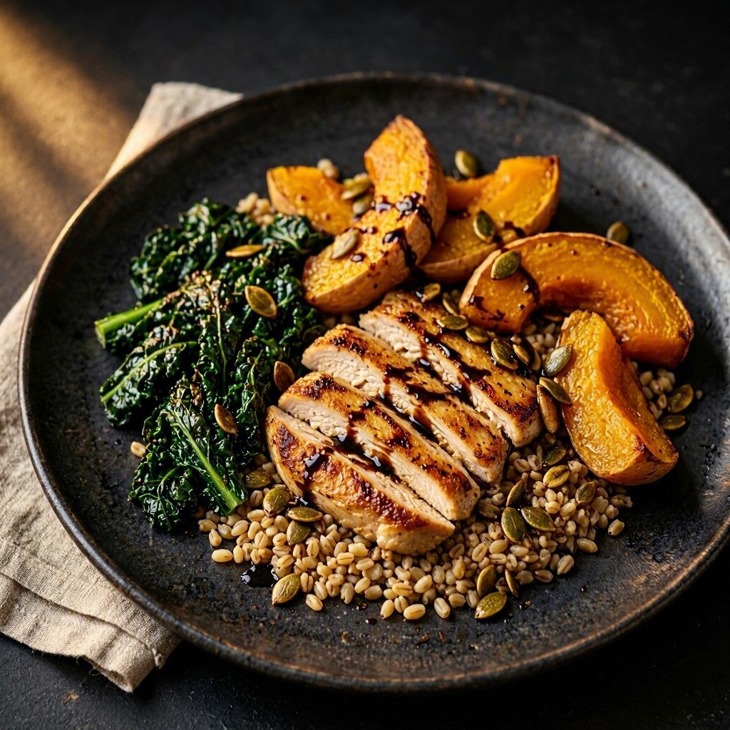 Farro, pollo e zucca d'autunno – farro dell'Appennino con petto di pollo scottato, zucca violina arrosto e cavolo nero, Hamai Modena