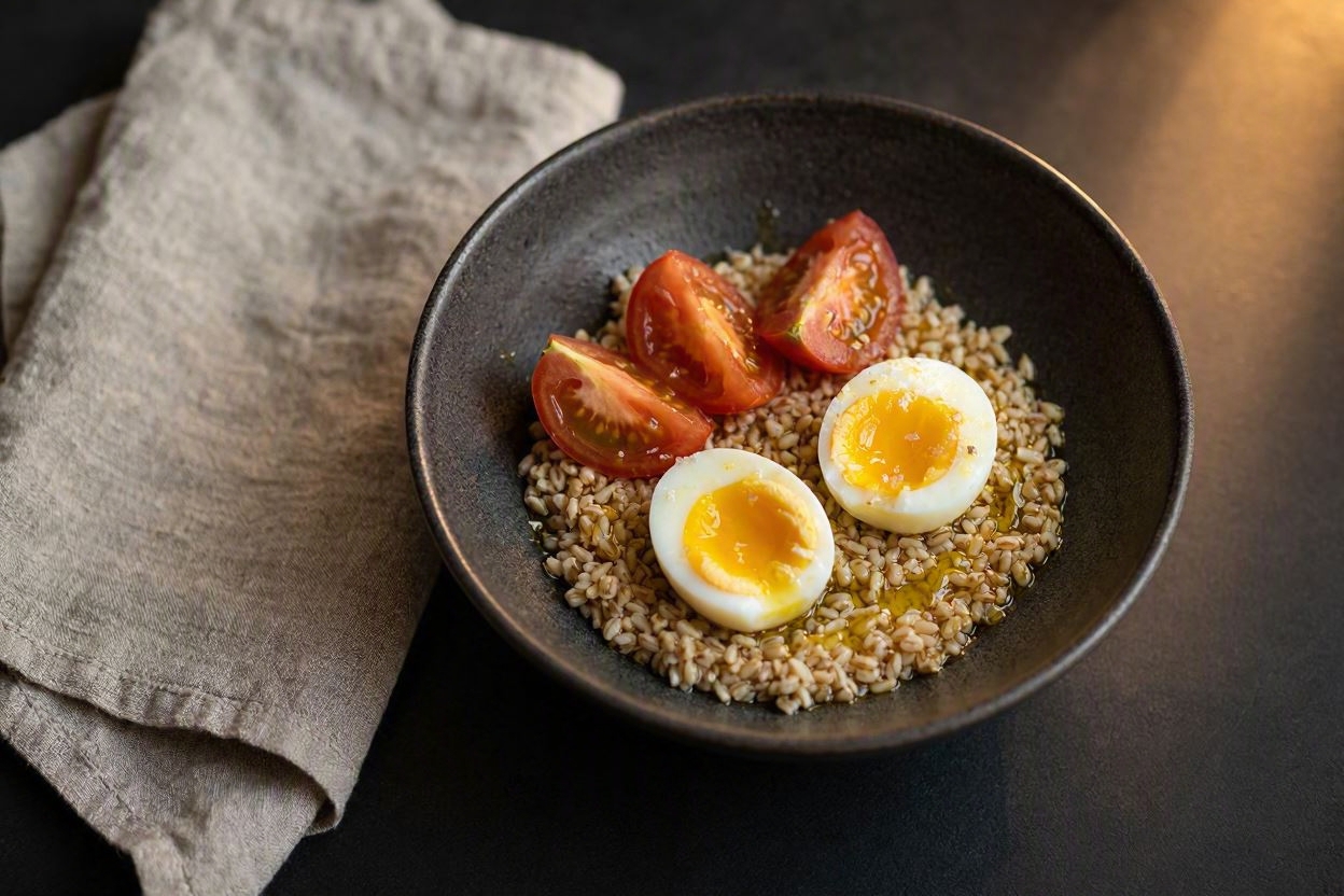 Farro nudo, pomodoro e uovo – farro della Garfagnana con pomodoro marinato e un uovo, Hamai Modena