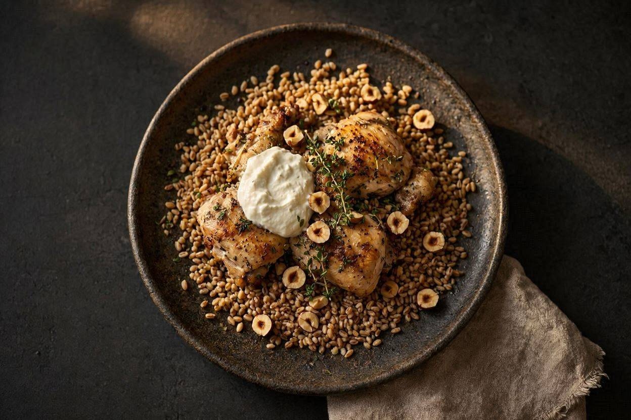 Farro perlato dell'Appennino con pollo alle erbe, nocciole delle Langhe e yogurt di pecora, Hamai Modena