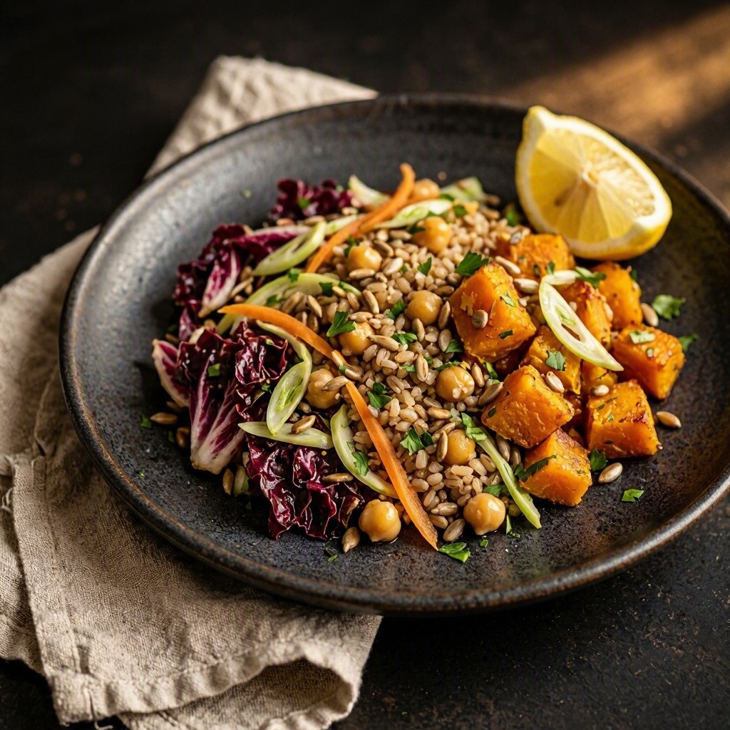 Orzo, ceci e radicchio d'autunno – orzo decorticato e ceci con zucca, radicchio, finocchio e carota, Hamai Modena
