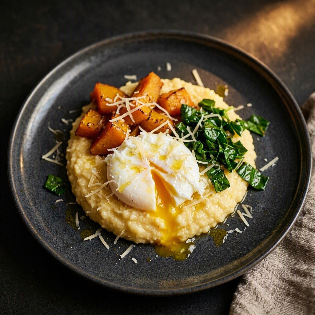 Polenta morbida, uovo e zucca – polenta di mais cotta morbida con uovo in camicia, zucca arrosto e bietola, per bambini, Hamai Modena