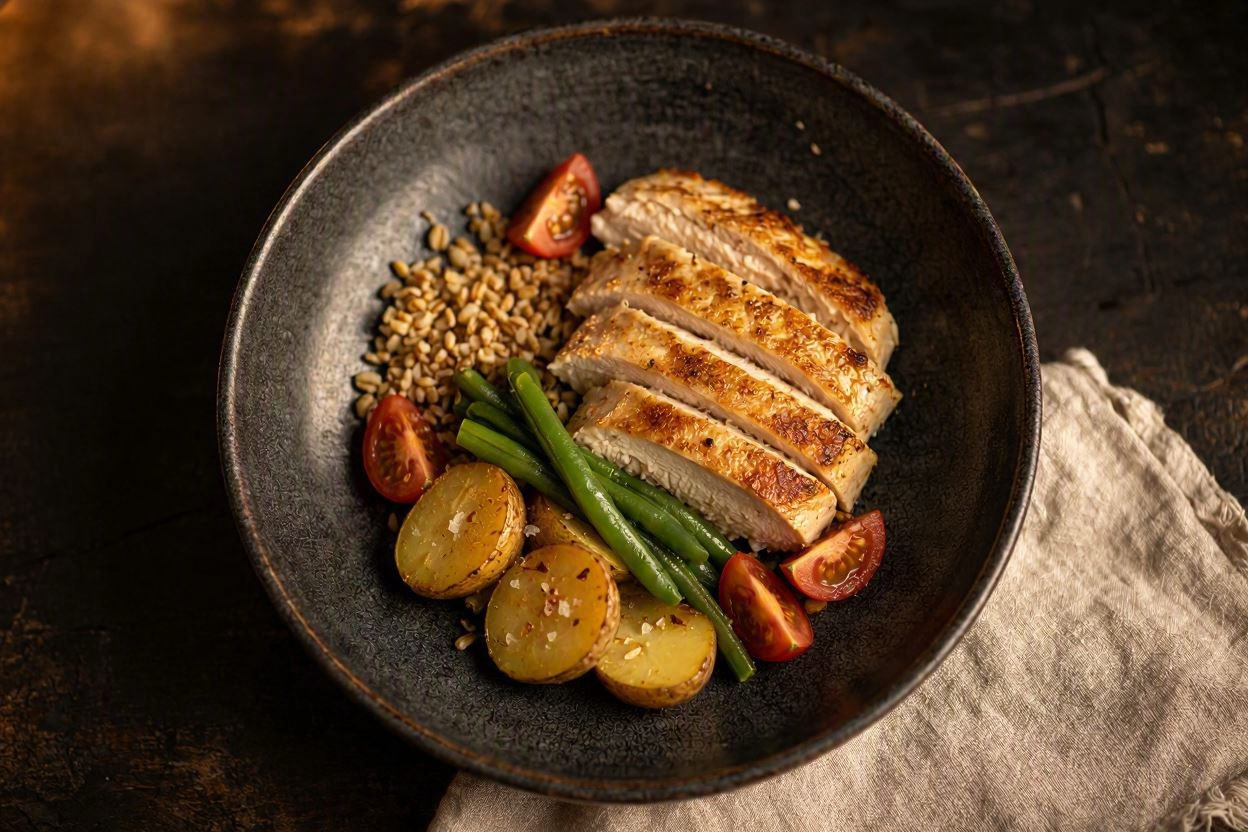 Pollo, farro e patate novelle d'agosto – petto di pollo scottato con farro della Garfagnana e fagiolini, Hamai Modena