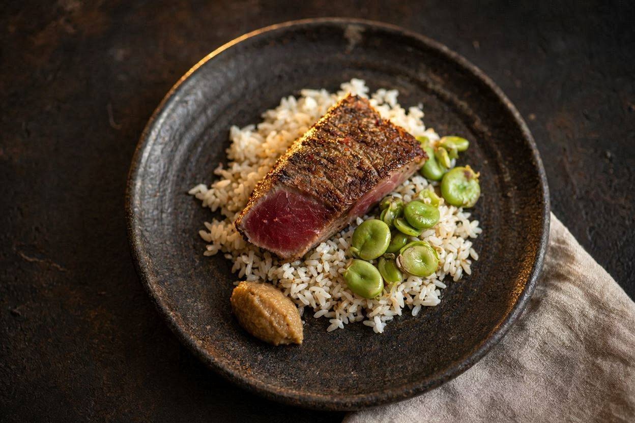 Riso dell'Argine – tonno scottato dell'Adriatico con fave e miso d'orzo, Hamai Modena