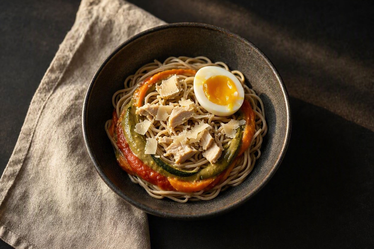 Soba e Orto – piccola ciotola d'estate con soba di grano saraceno, pollo e uovo, Hamai Modena