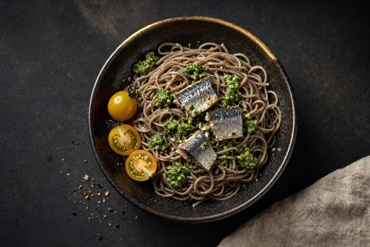 Soba di grano saraceno con sardine dell'Adriatico e pesto di fave, Hamai Modena