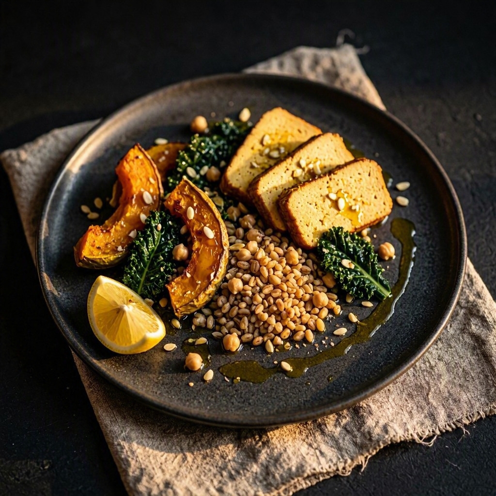 Tofu affumicato, farro e zucca – tofu affumicato al faggio con farro dell'Appennino, zucca arrosto, cavolo nero e ceci, Hamai Modena